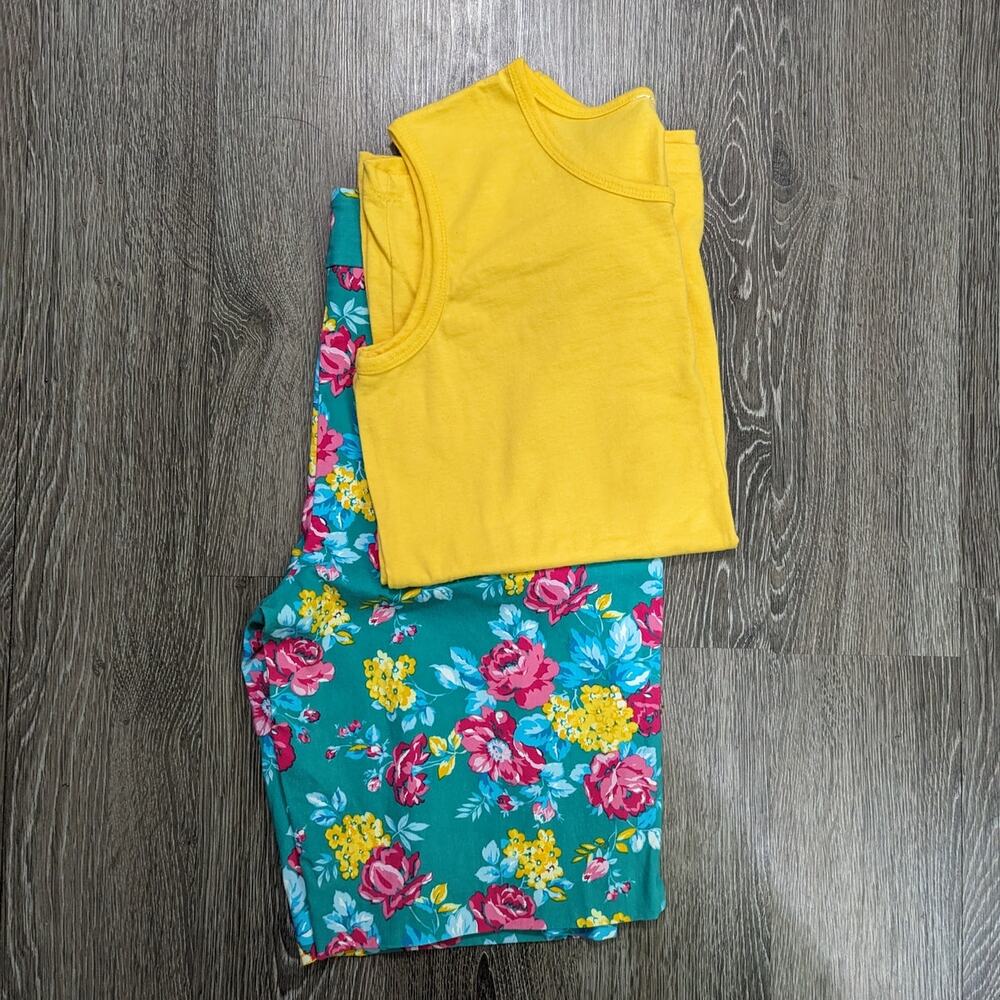 Women's Yellow Tank Top /Floral Stretch Elastic Waist Capri Pant Combo Size XL